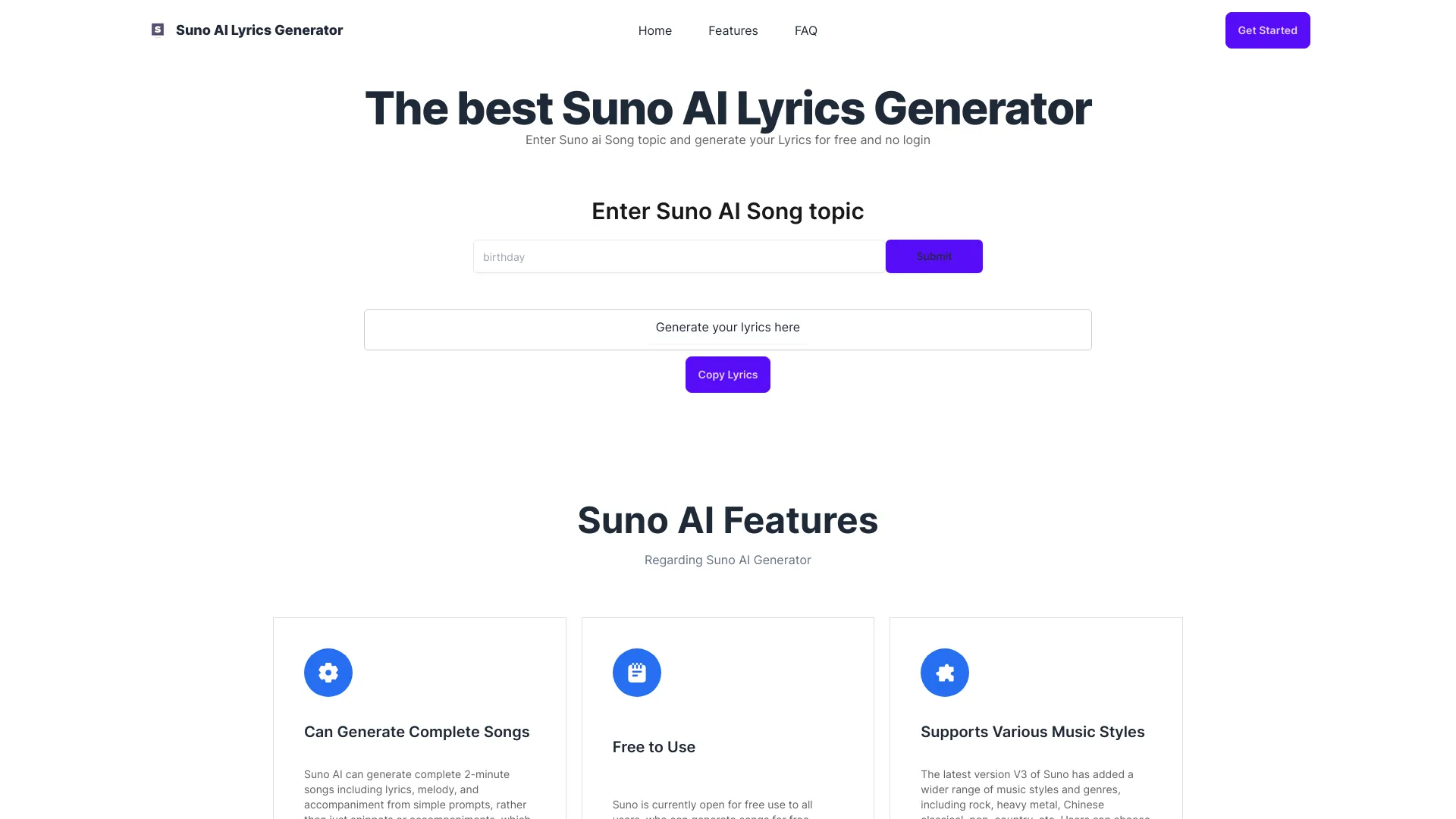 The best Suno AI Lyrics Generator网页截图,The best Suno AI Lyrics Generator网页快照