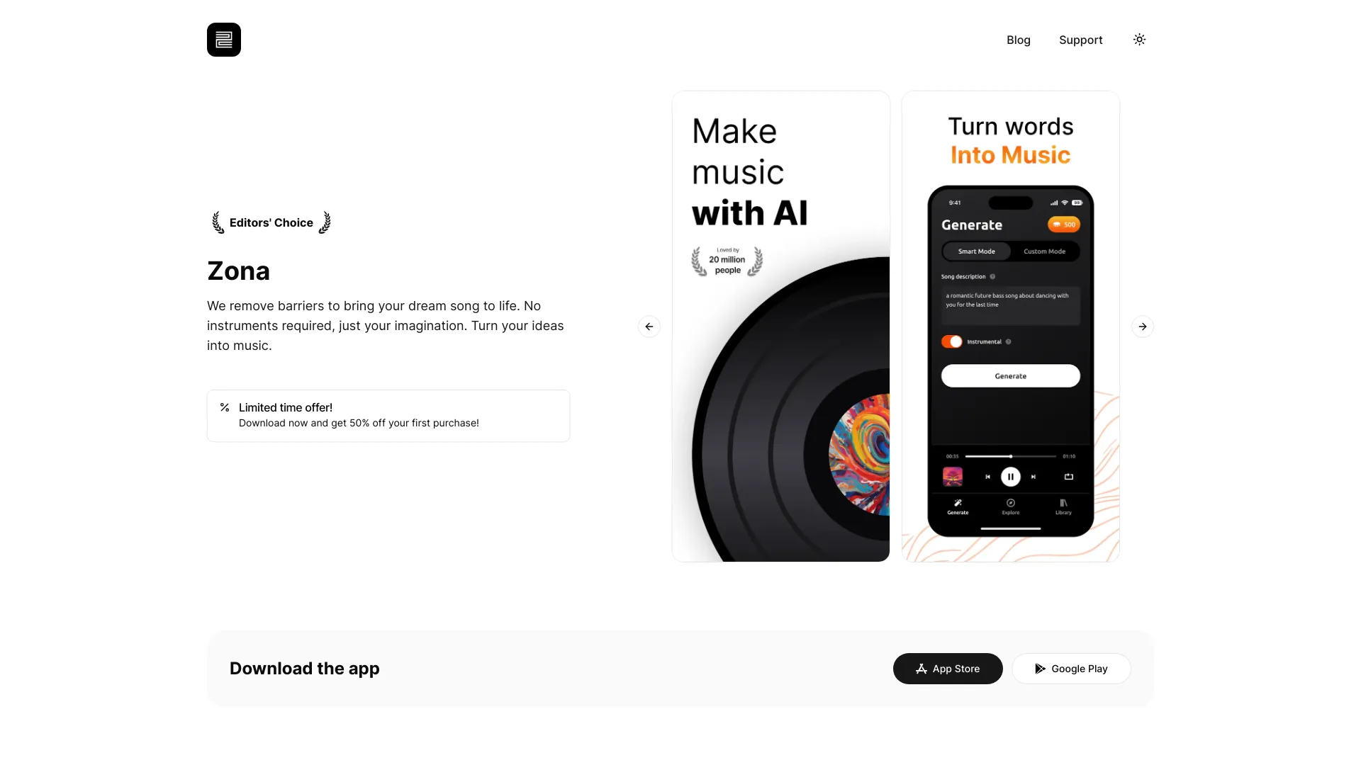 Zona – AI Song & Music Generator App网页截图,Zona – AI Song & Music Generator App网页快照