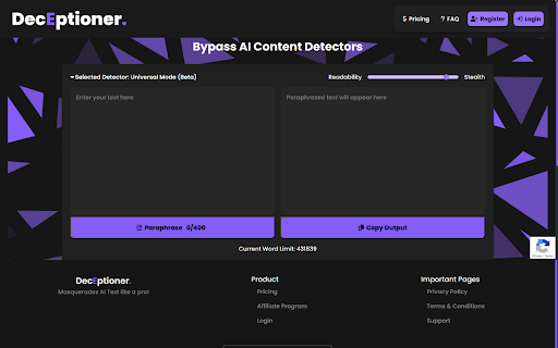 DecEptioner- Humanize AI Text Like A Pro!网页截图,DecEptioner- Humanize AI Text Like A Pro!网页快照