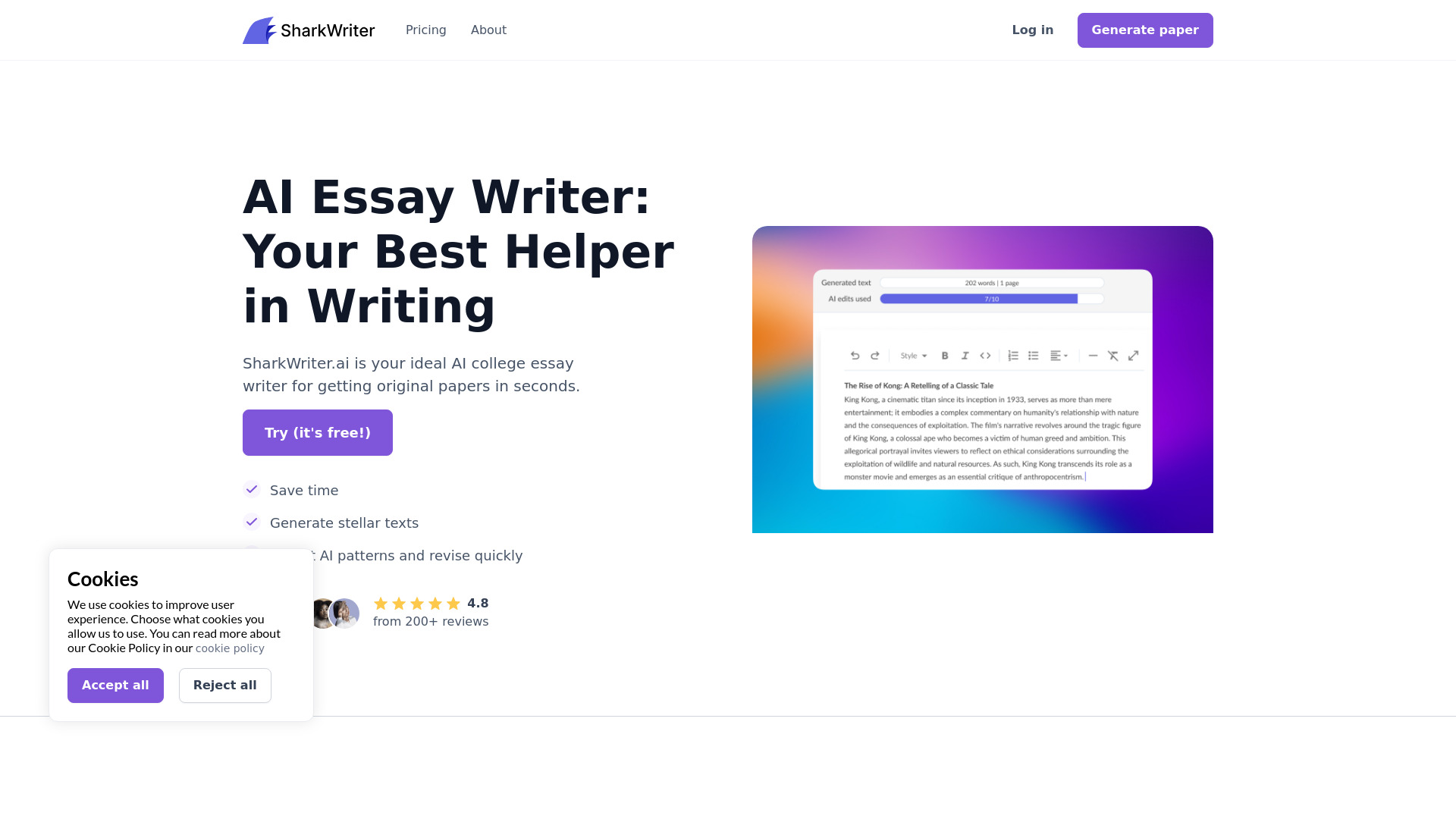 Sharkwriter.ai网页截图,Sharkwriter.ai网页快照