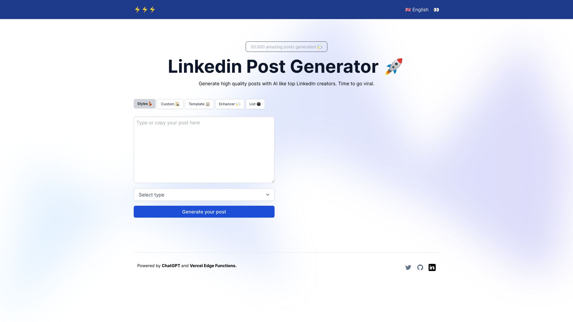 LinkedIn Post Generator网页截图,LinkedIn Post Generator网页快照