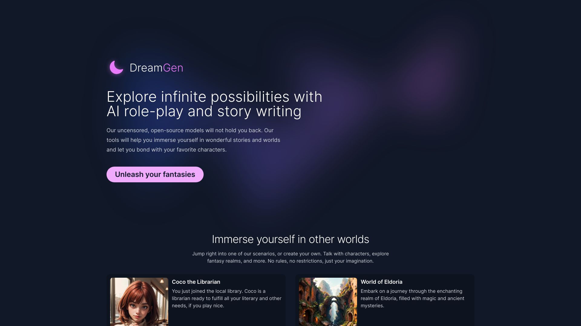 DreamGen: AI role-play & story-writing网页截图,DreamGen: AI role-play & story-writing网页快照