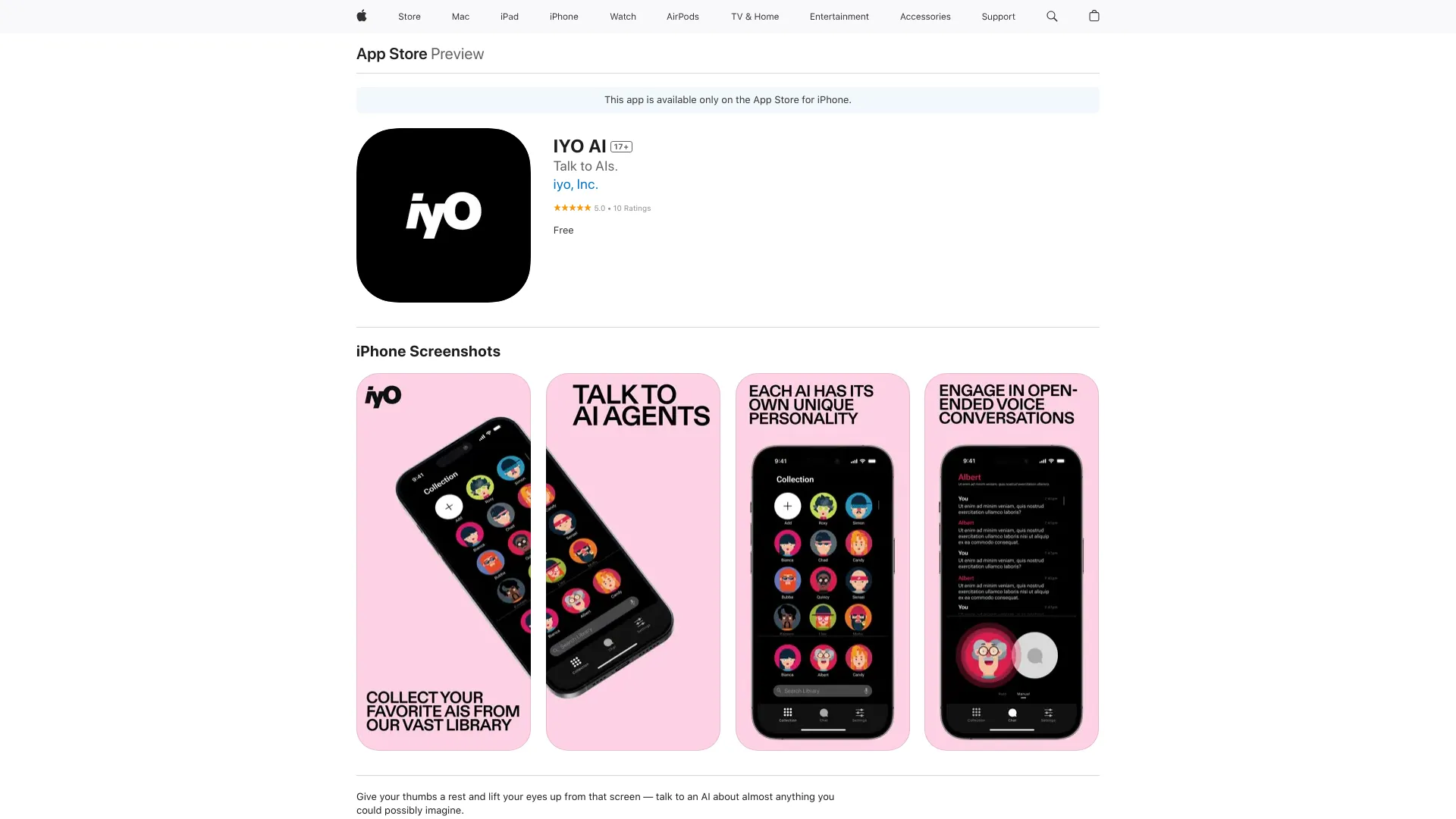 IYO AI – Talk to AI iOS App网页截图,IYO AI – Talk to AI iOS App网页快照