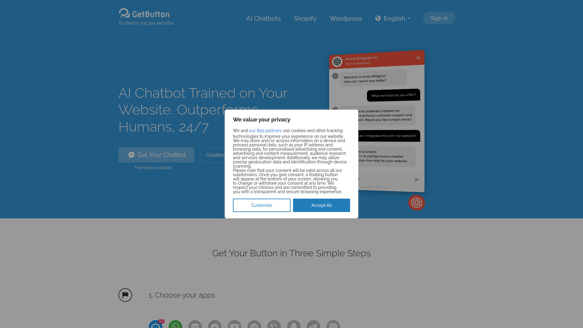 GetButton AI Chatbots for Websites网页截图,GetButton AI Chatbots for Websites网页快照