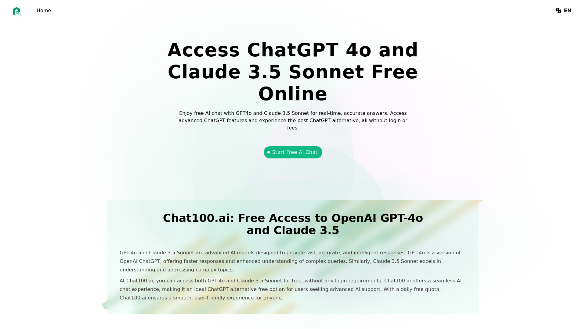 Chat100.ai: Free ChatGPT 4o and Claude 3.5 Sonnet网页截图,Chat100.ai: Free ChatGPT 4o and Claude 3.5 Sonnet网页快照