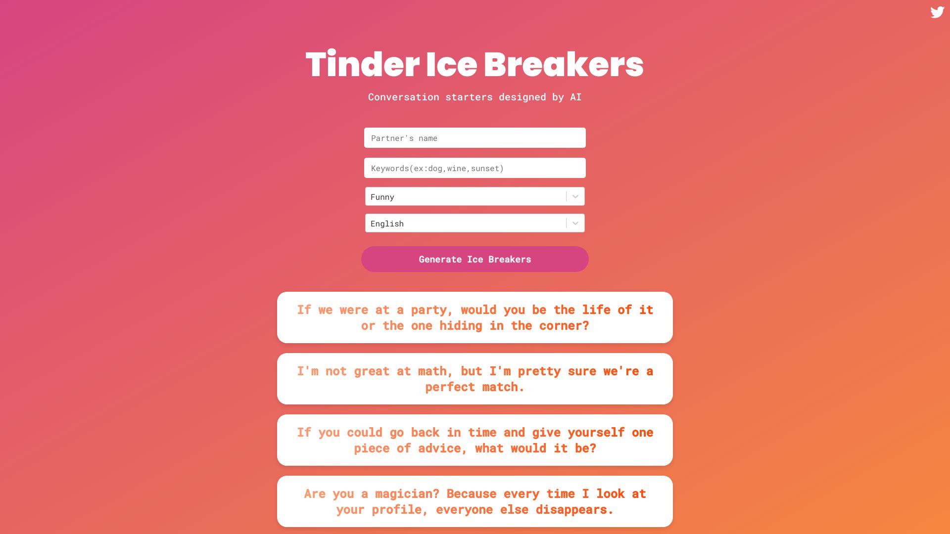 Tinder Ice Breakers网页截图,Tinder Ice Breakers网页快照