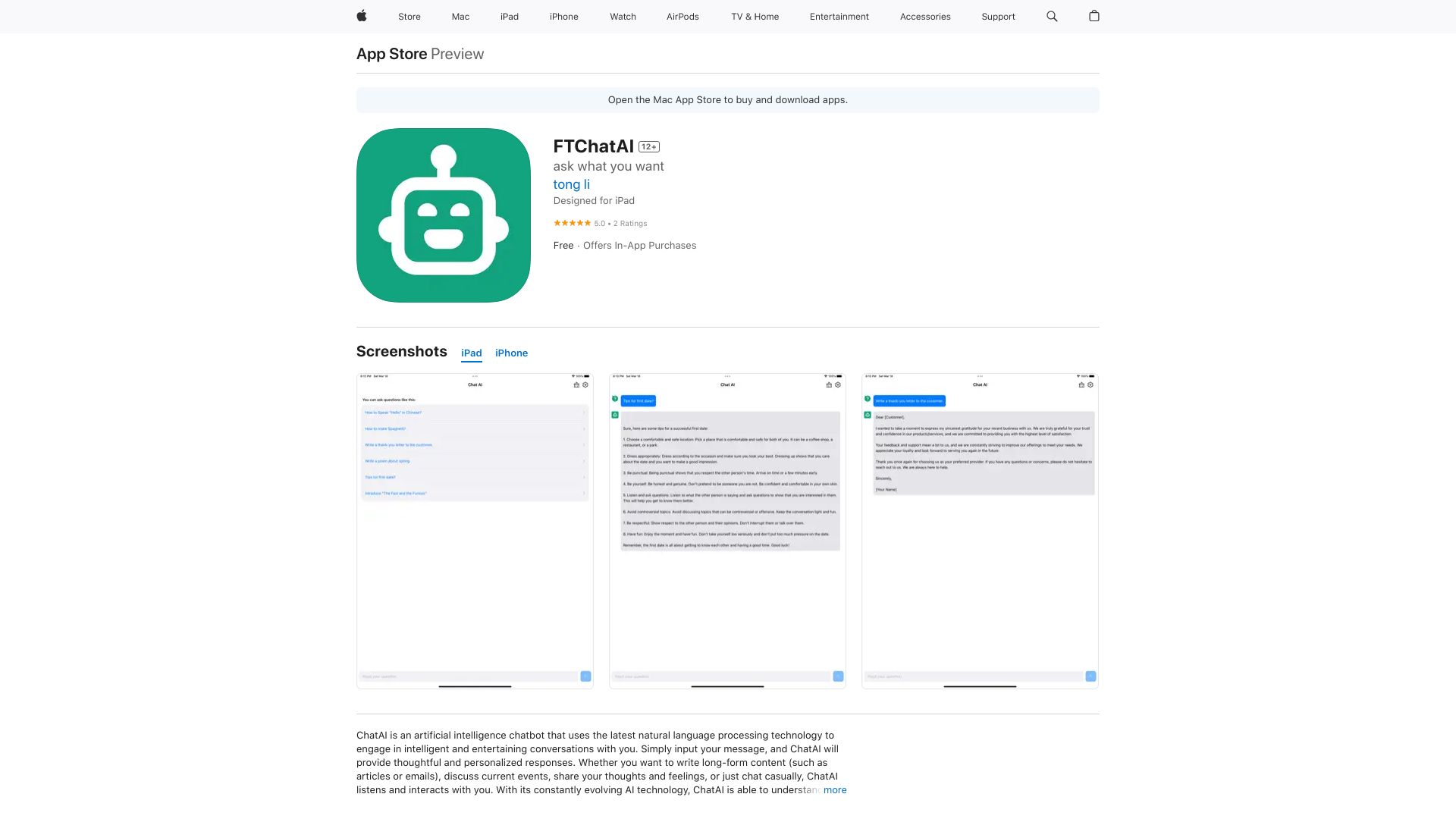 FTChatAI – ChatGPT for iPhone网页截图,FTChatAI – ChatGPT for iPhone网页快照