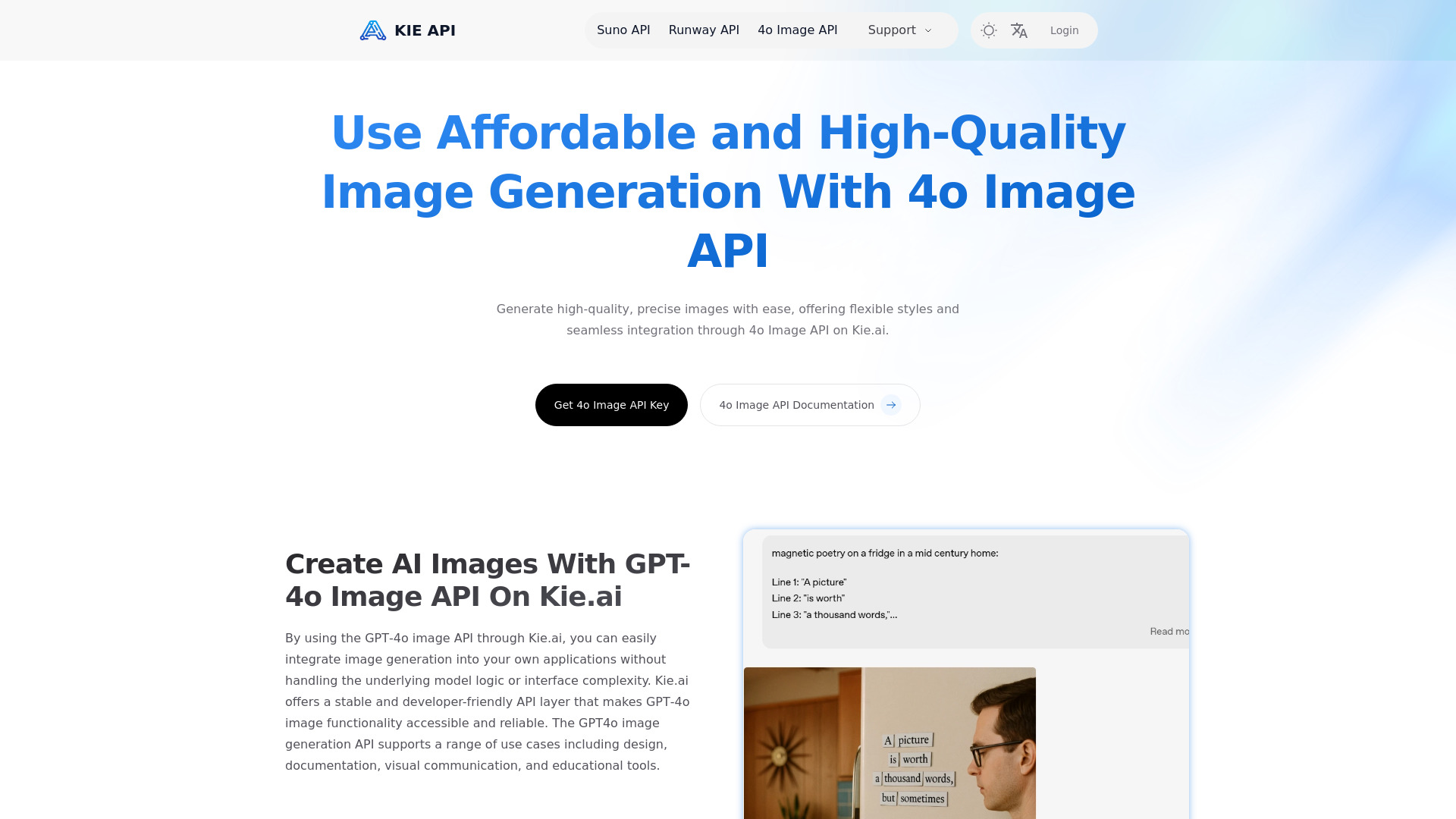 Kie.ai: Affordable and Reliable 4o Image API(The latest released)网页截图,Kie.ai: Affordable and Reliable 4o Image API(The latest released)网页快照