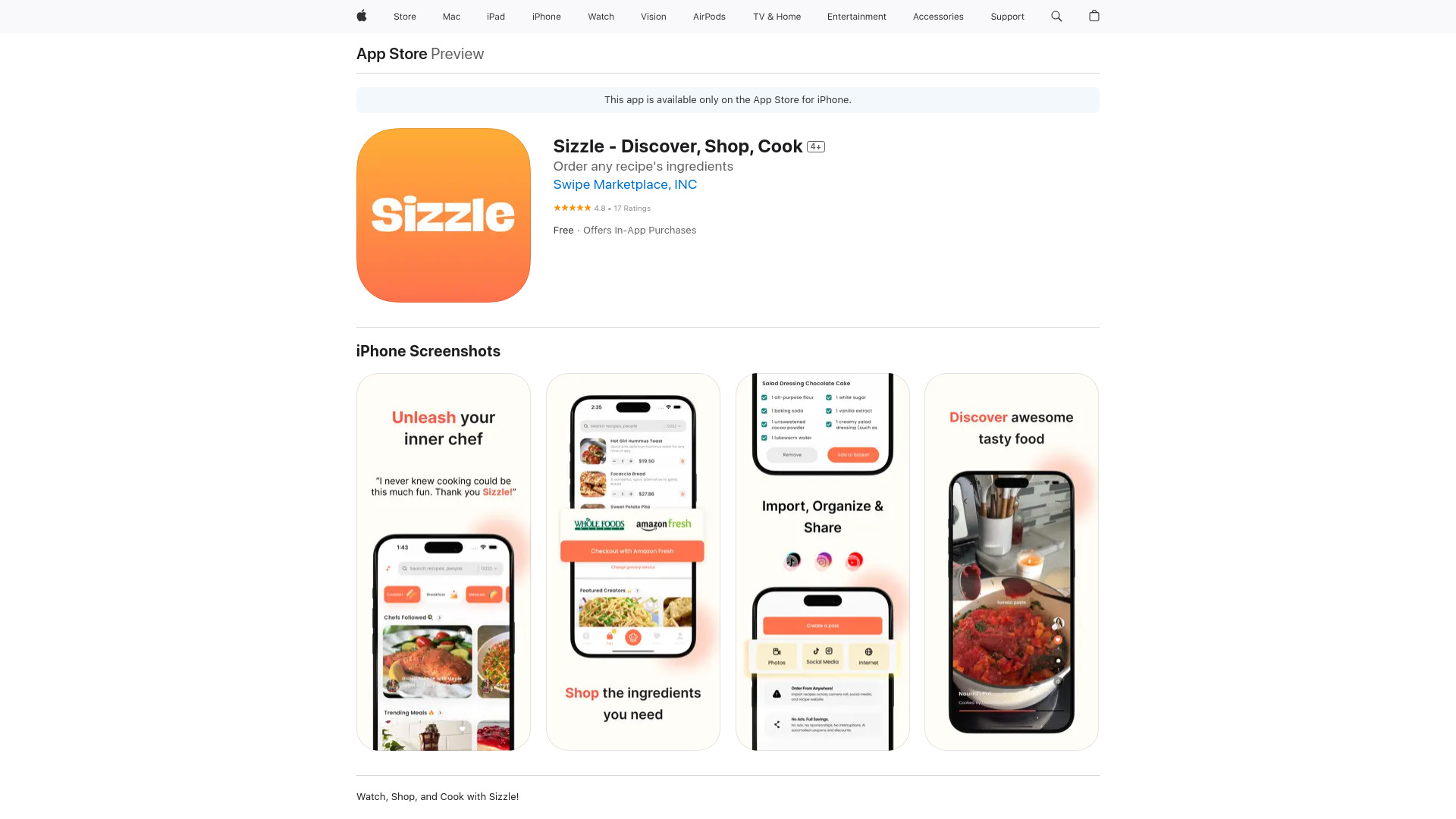 Sizzle – Discover, Shop, Cook网页截图,Sizzle – Discover, Shop, Cook网页快照