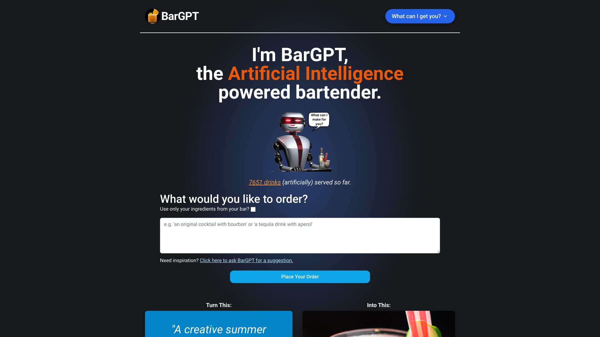 BarGPT AI-Powered Bartender网页截图,BarGPT AI-Powered Bartender网页快照