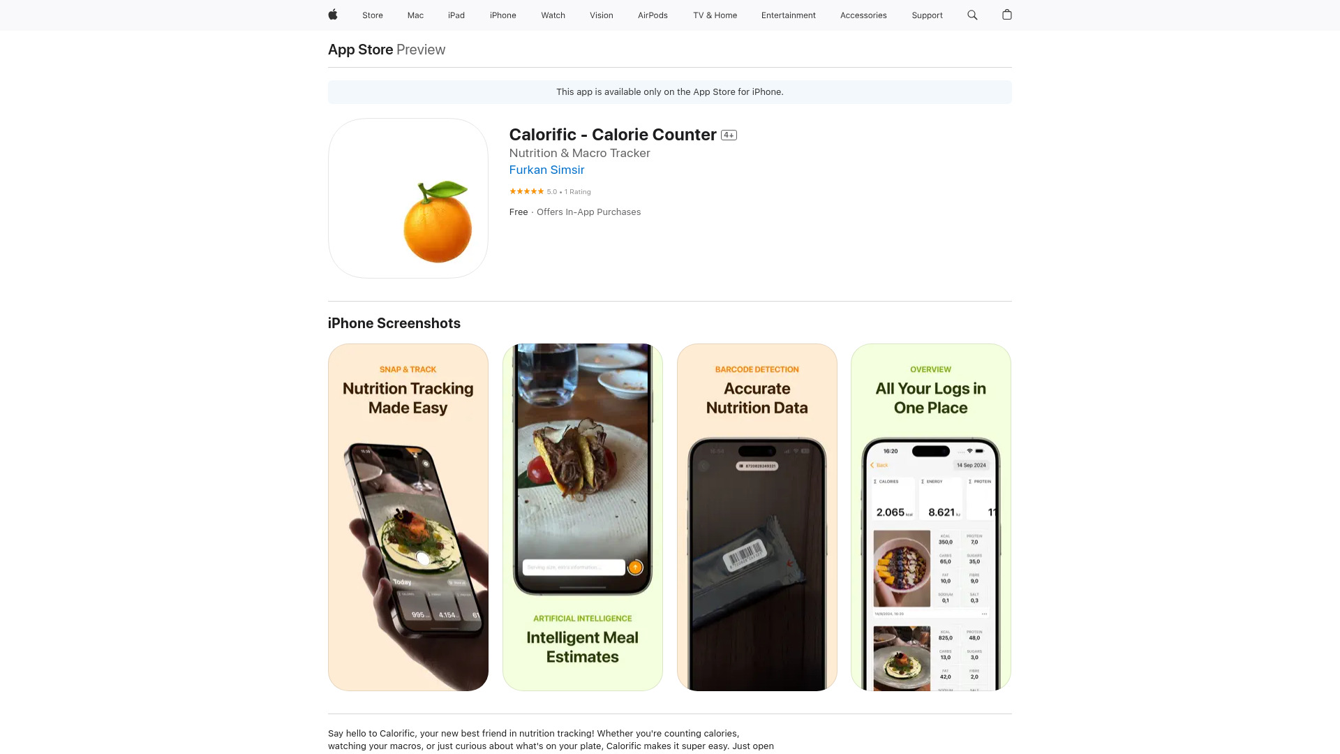 Calorific – Nutrition Tracker网页截图,Calorific – Nutrition Tracker网页快照