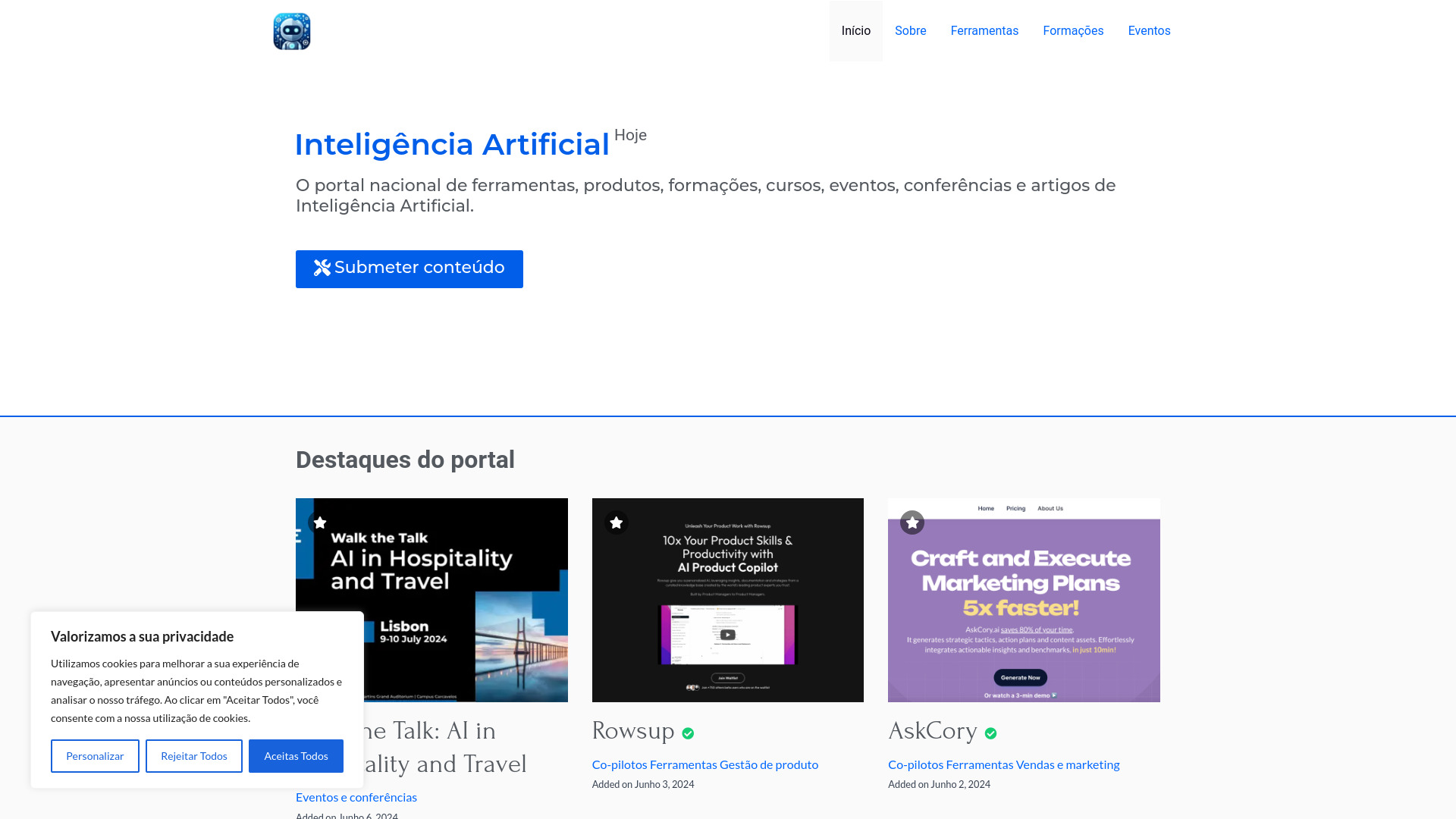 Inteligência Artificial Hoje网页截图,Inteligência Artificial Hoje网页快照
