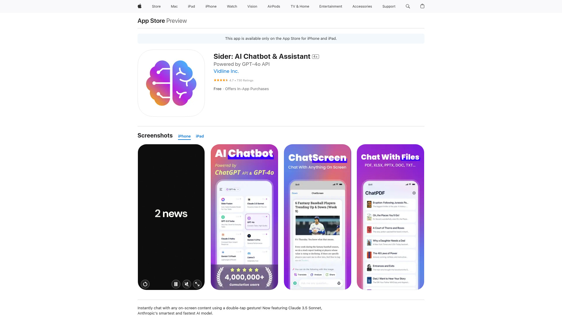 ChatScreen: Sider 2.0 for iOS网页截图,ChatScreen: Sider 2.0 for iOS网页快照