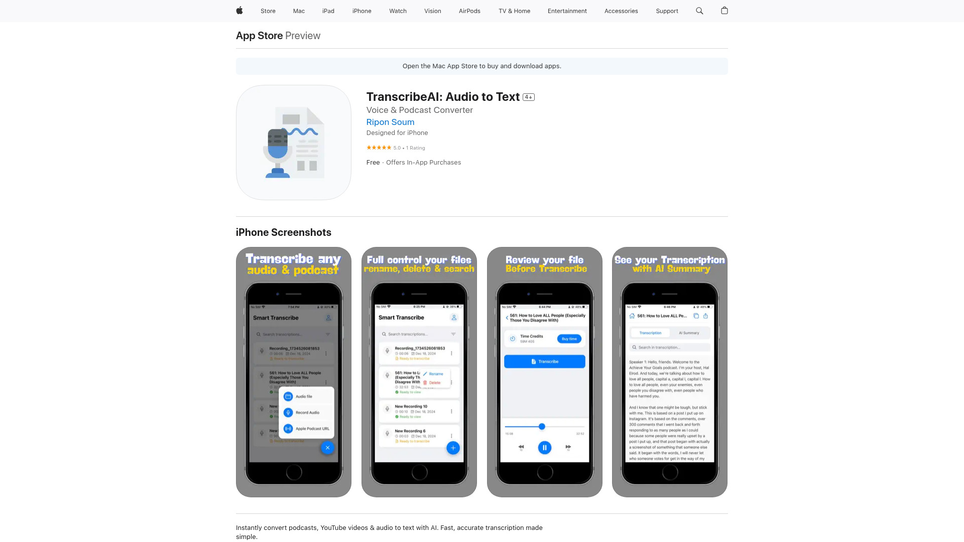 TranscribeAI: Audio to Text网页截图,TranscribeAI: Audio to Text网页快照