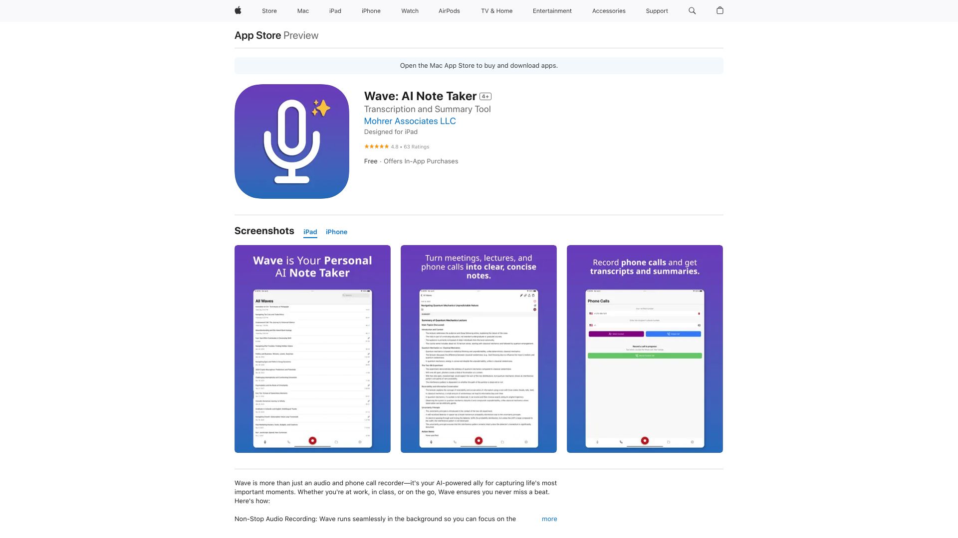 Wave AI Note Taker for iOS网页截图,Wave AI Note Taker for iOS网页快照