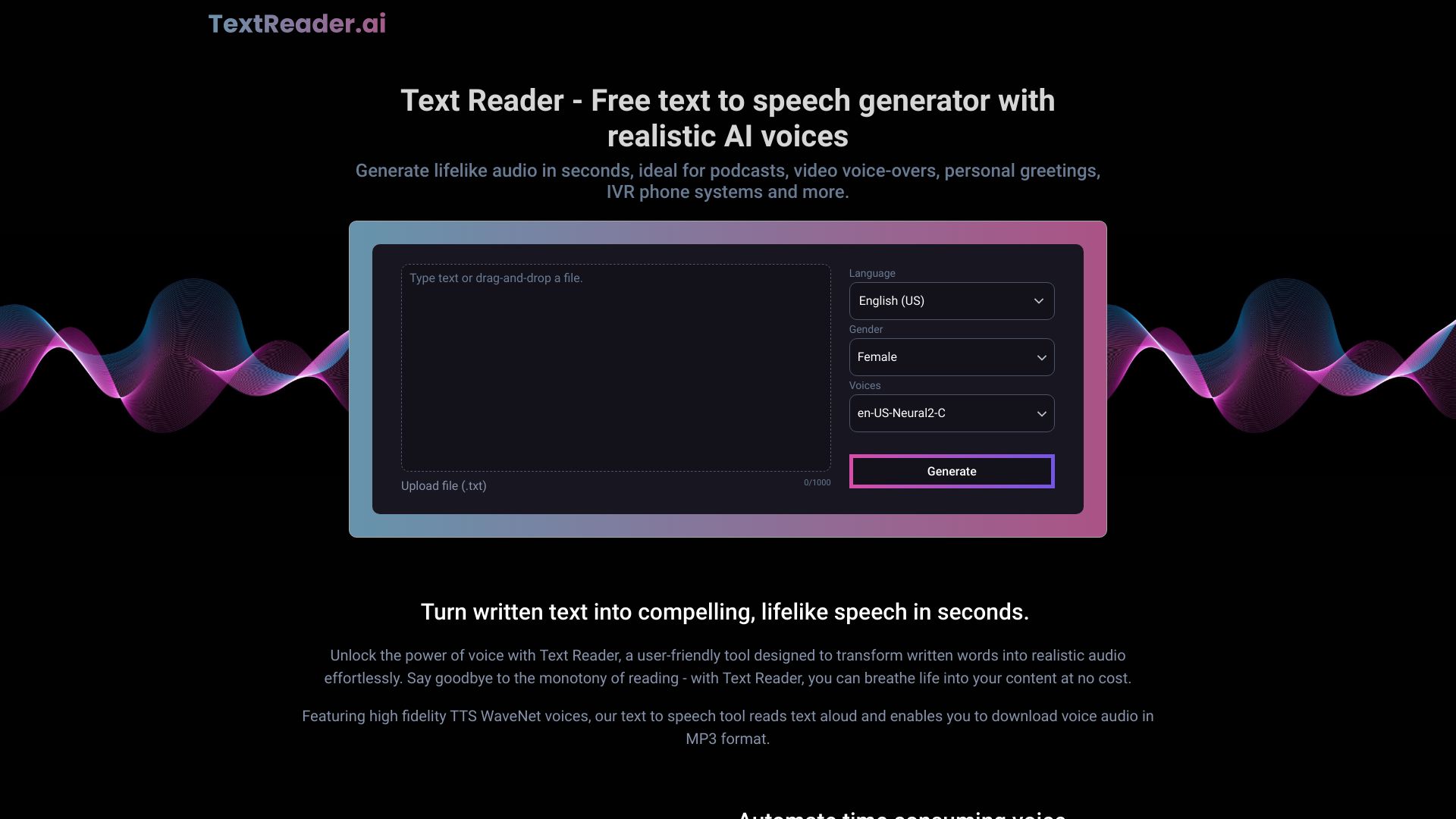 Text Reader AI网页截图,Text Reader AI网页快照