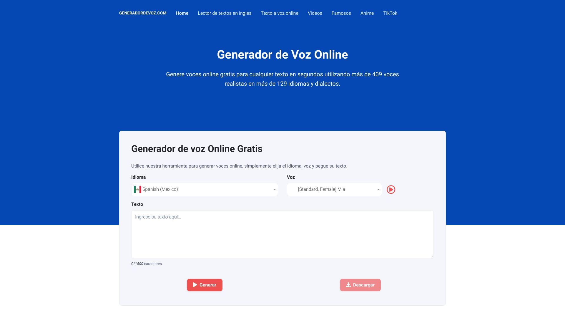 Generador de voz网页截图,Generador de voz网页快照