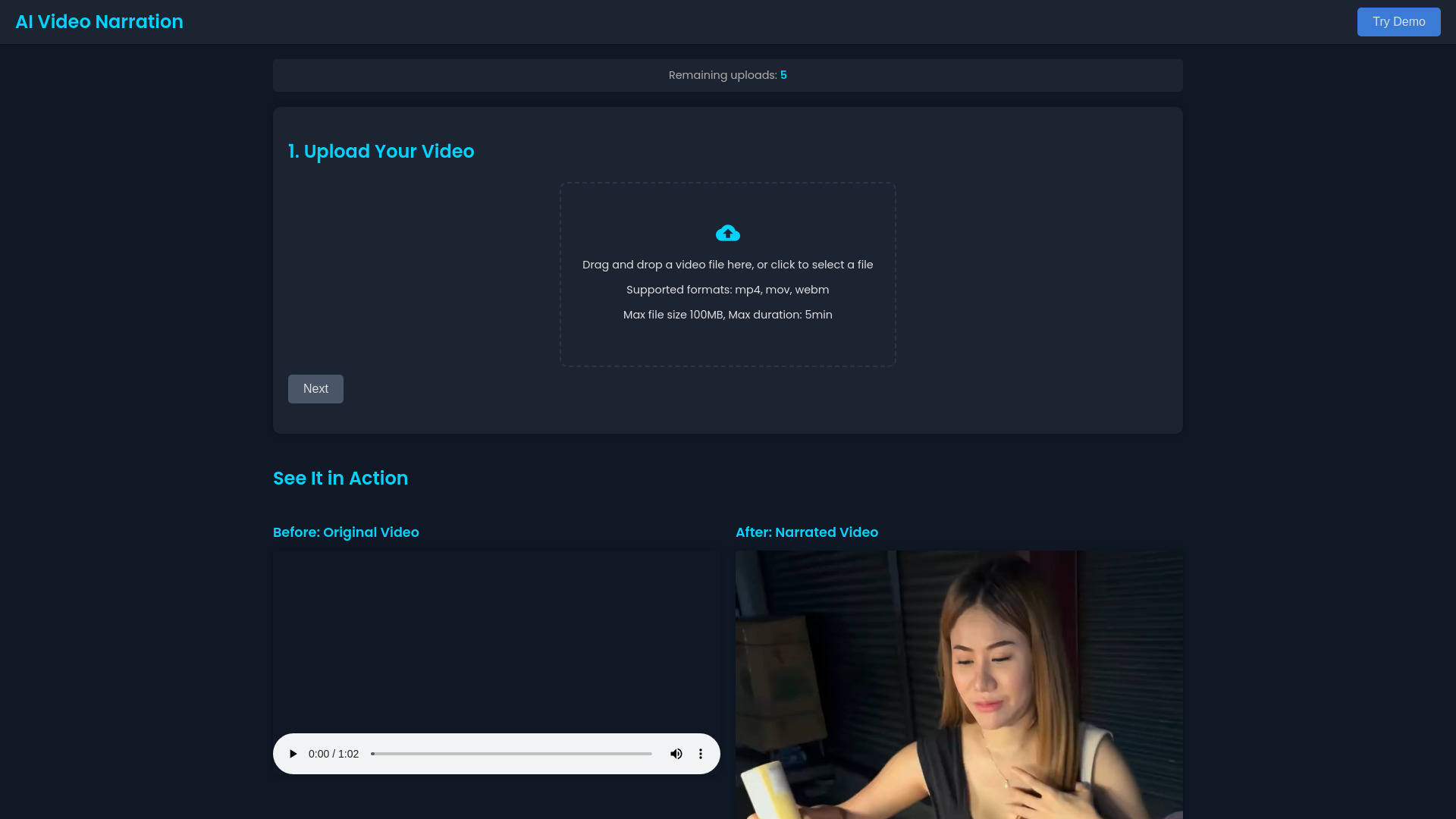 AI Video Narration网页截图,AI Video Narration网页快照
