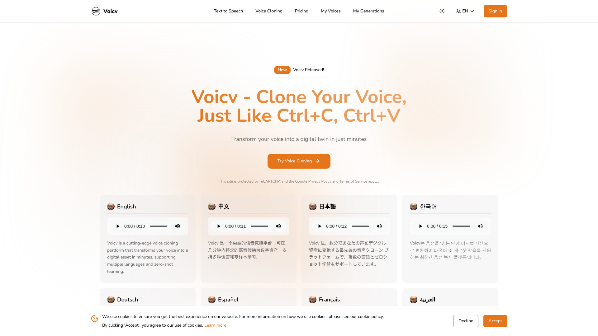 Voicv – Voice Cloning网页截图,Voicv – Voice Cloning网页快照