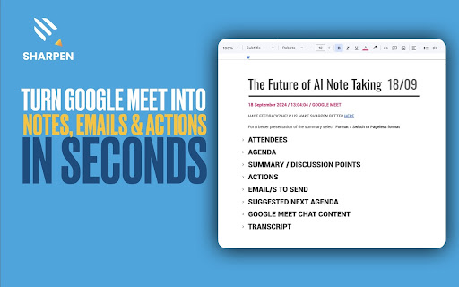 Sharpen AI: Turn Google Meets into notes, emails & actions in seconds.网页截图,Sharpen AI: Turn Google Meets into notes, emails & actions in seconds.网页快照