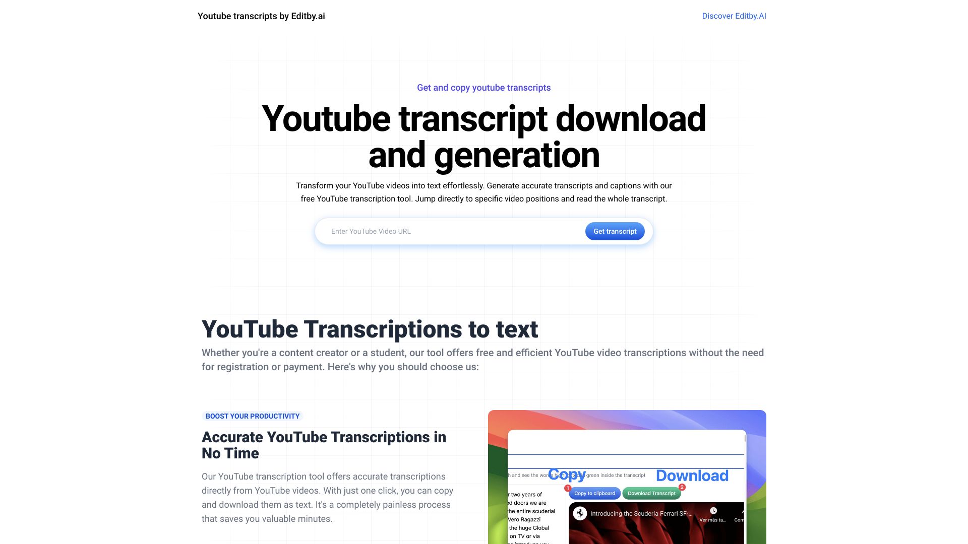 Youtube transcripts by Editby.ai网页截图,Youtube transcripts by Editby.ai网页快照