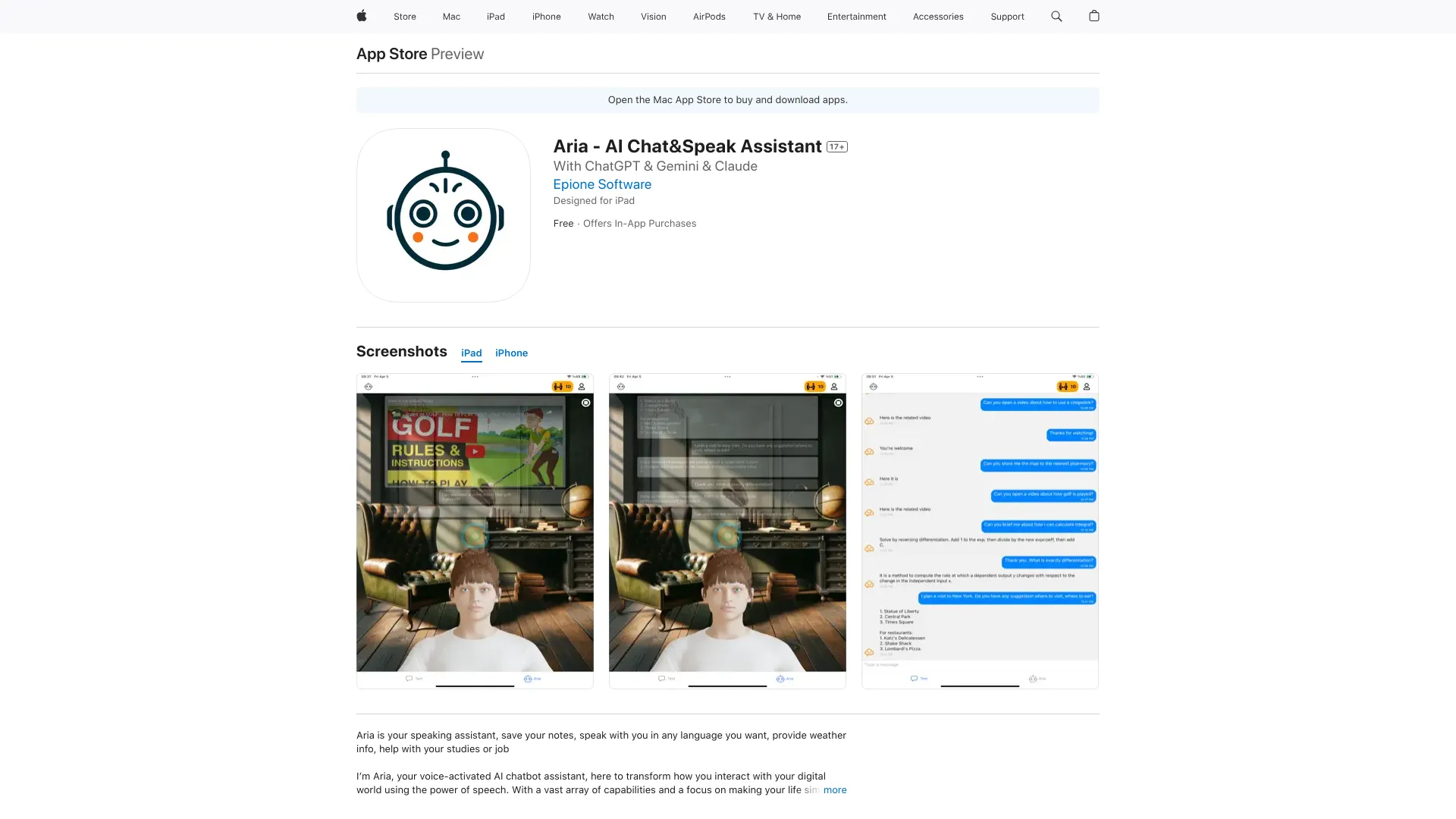 Aria – Speaking AI Assistant网页截图,Aria – Speaking AI Assistant网页快照