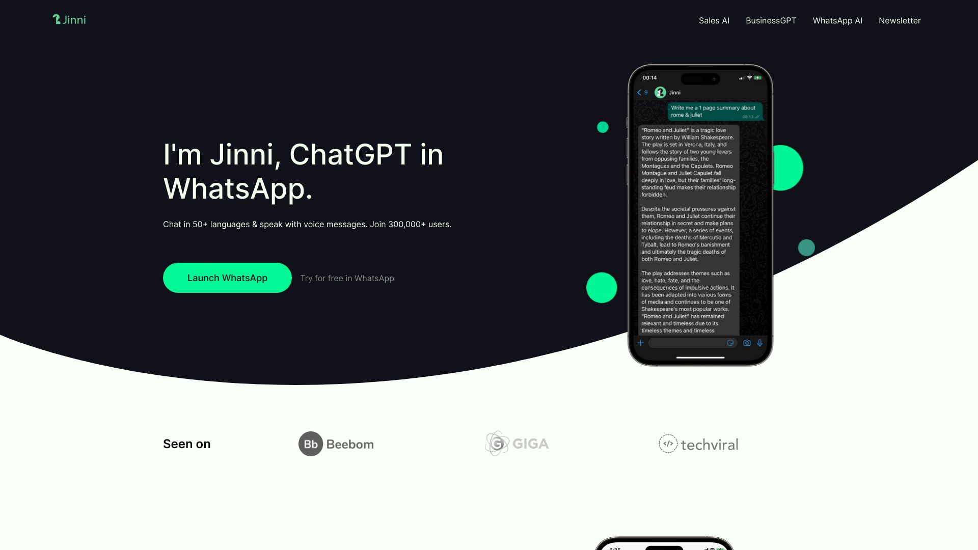 ChatGPT in WhatsApp – Jinni AI网页截图,ChatGPT in WhatsApp – Jinni AI网页快照