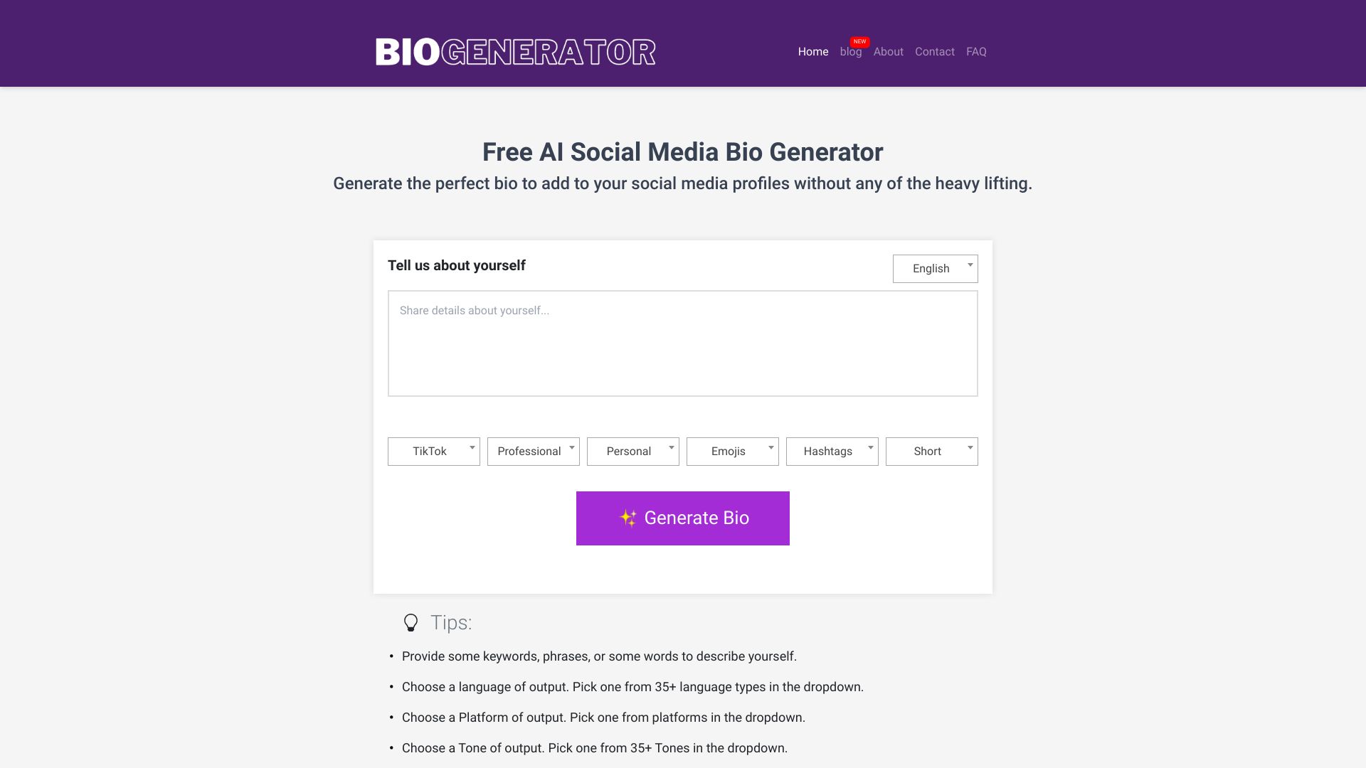 Social Media Bio Generator网页截图,Social Media Bio Generator网页快照