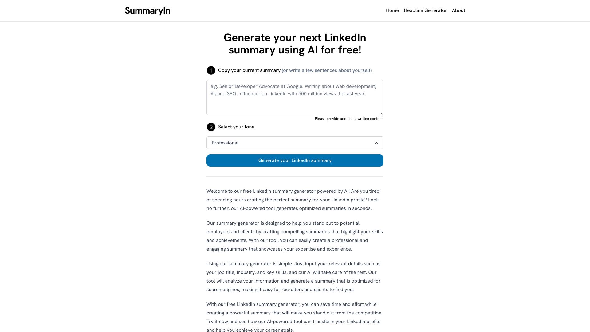 LinkedIn Summary Generator网页截图,LinkedIn Summary Generator网页快照