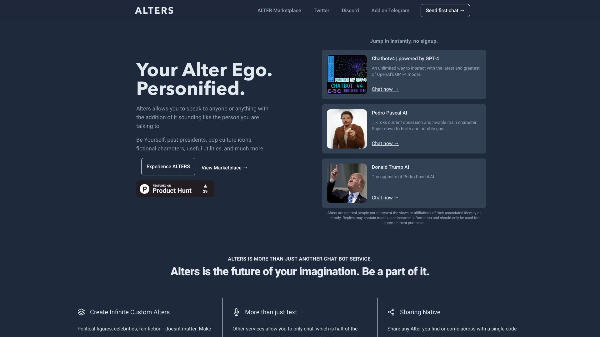 ALTERS – Your AI Alter ago personified网页截图,ALTERS – Your AI Alter ago personified网页快照