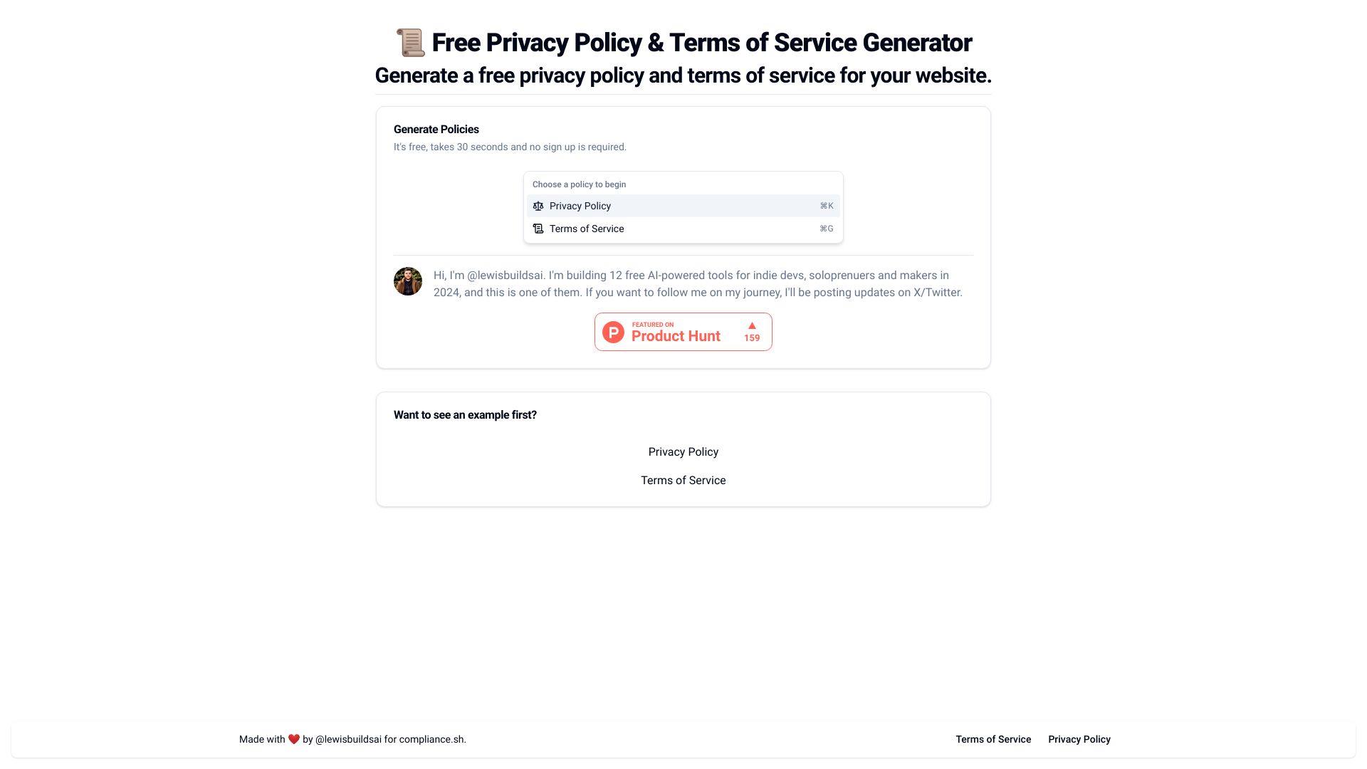 Free AI Privacy Policy & ToS Generator网页截图,Free AI Privacy Policy & ToS Generator网页快照