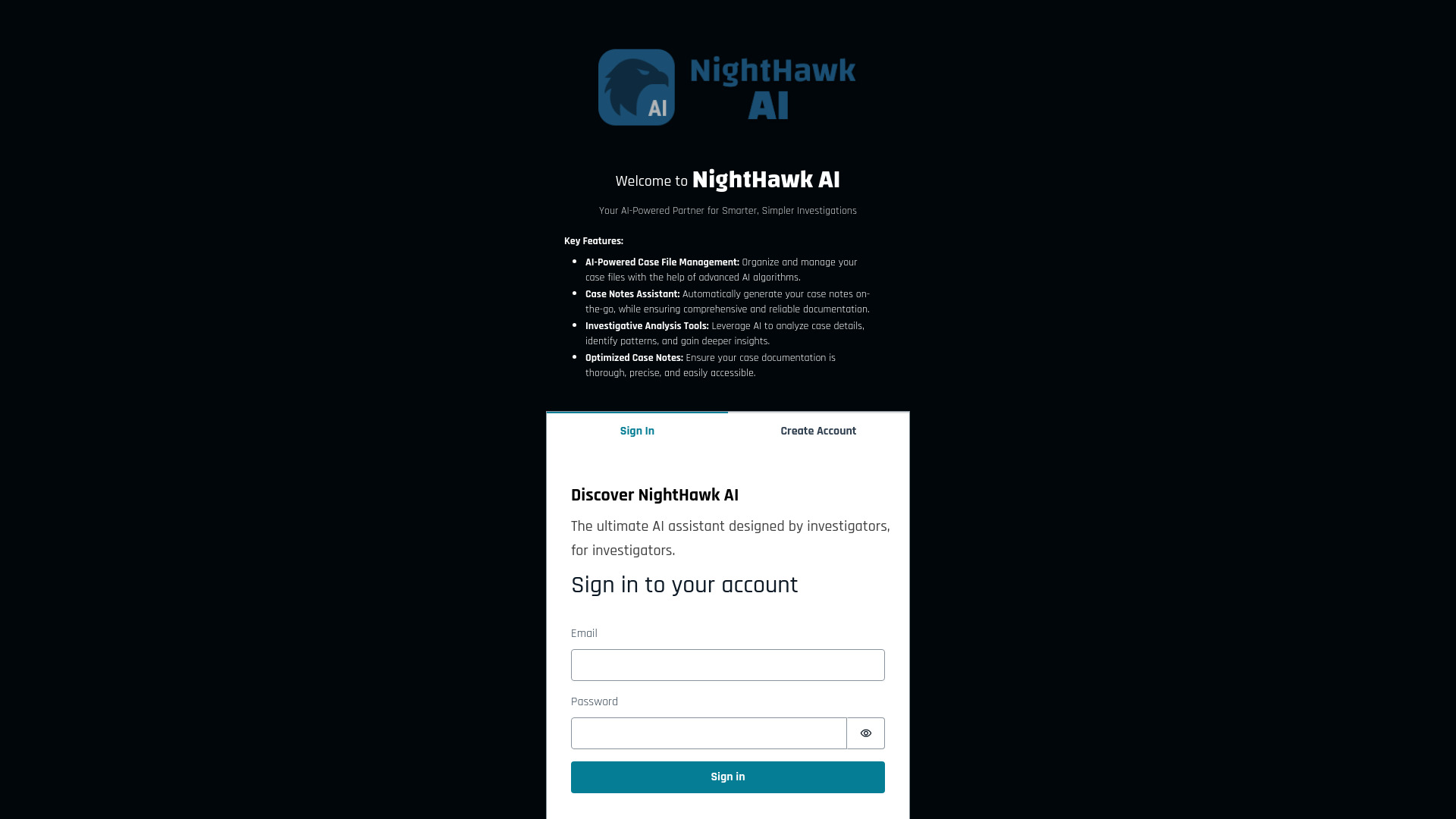NightHawk – AI for Private Investigators网页截图,NightHawk – AI for Private Investigators网页快照