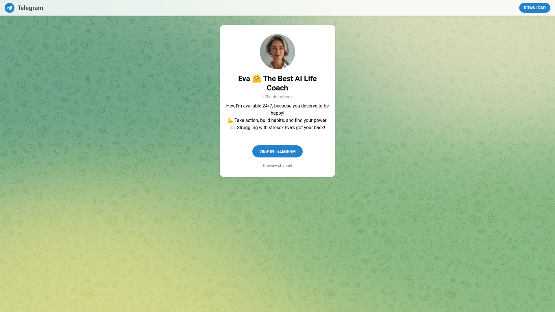 Eva, Your 24/7 AI Life Coach on Telegram网页截图,Eva, Your 24/7 AI Life Coach on Telegram网页快照