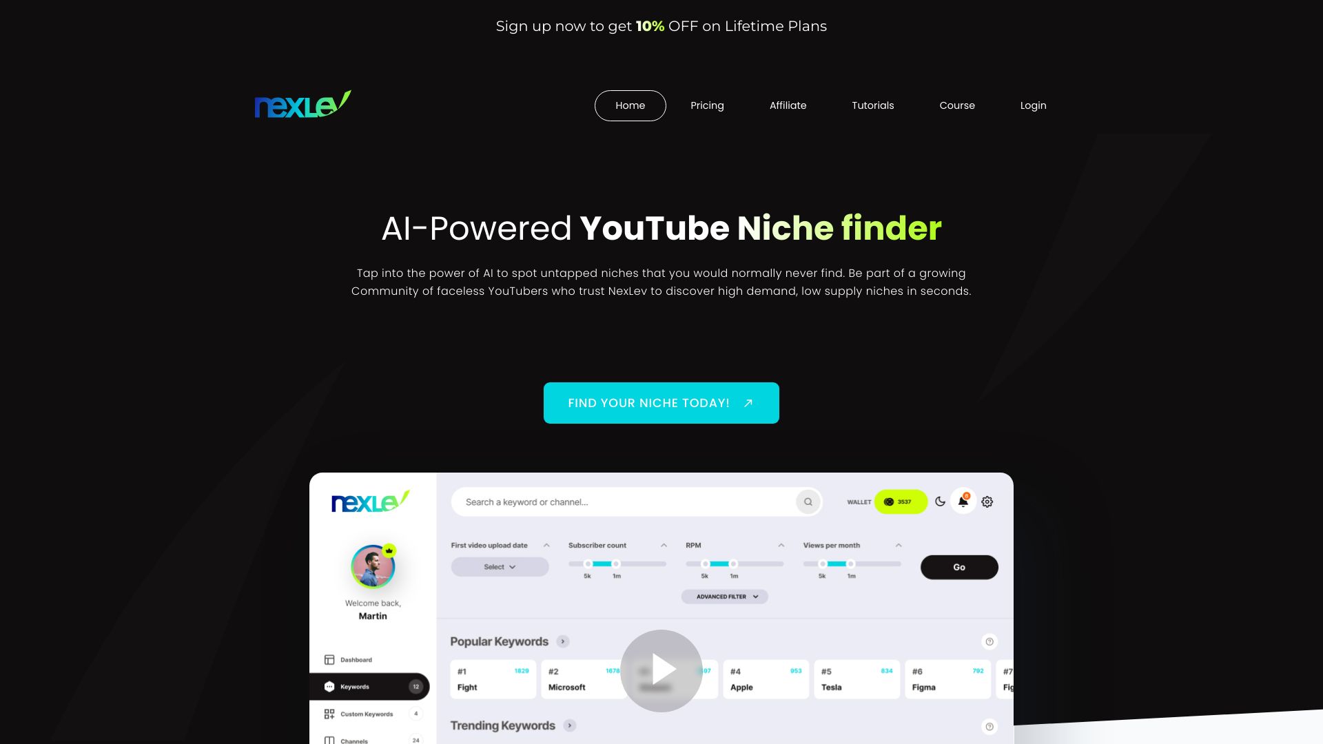 Nexlev – AI-Powered YouTube Niche Finder网页截图,Nexlev – AI-Powered YouTube Niche Finder网页快照