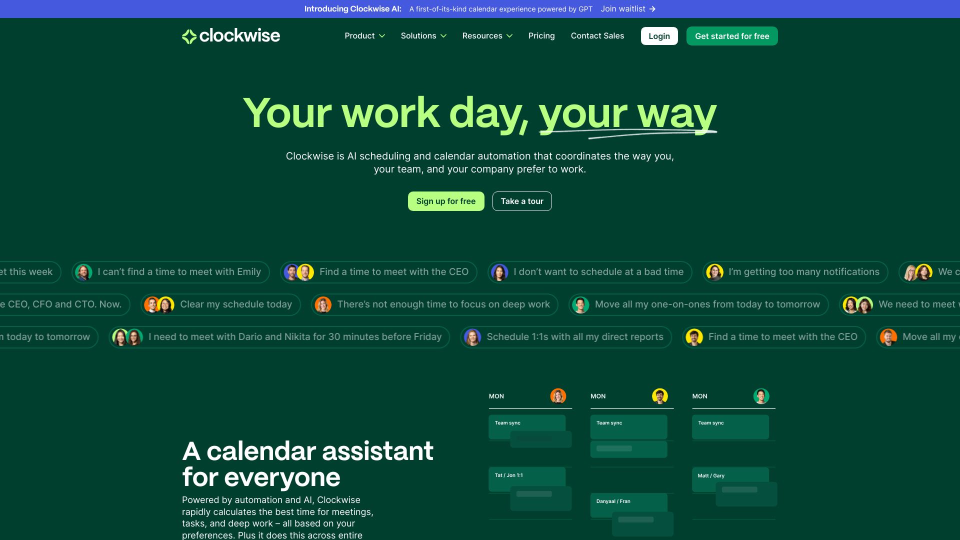 Clockwise: AI Powered Time Management Calendar网页截图,Clockwise: AI Powered Time Management Calendar网页快照