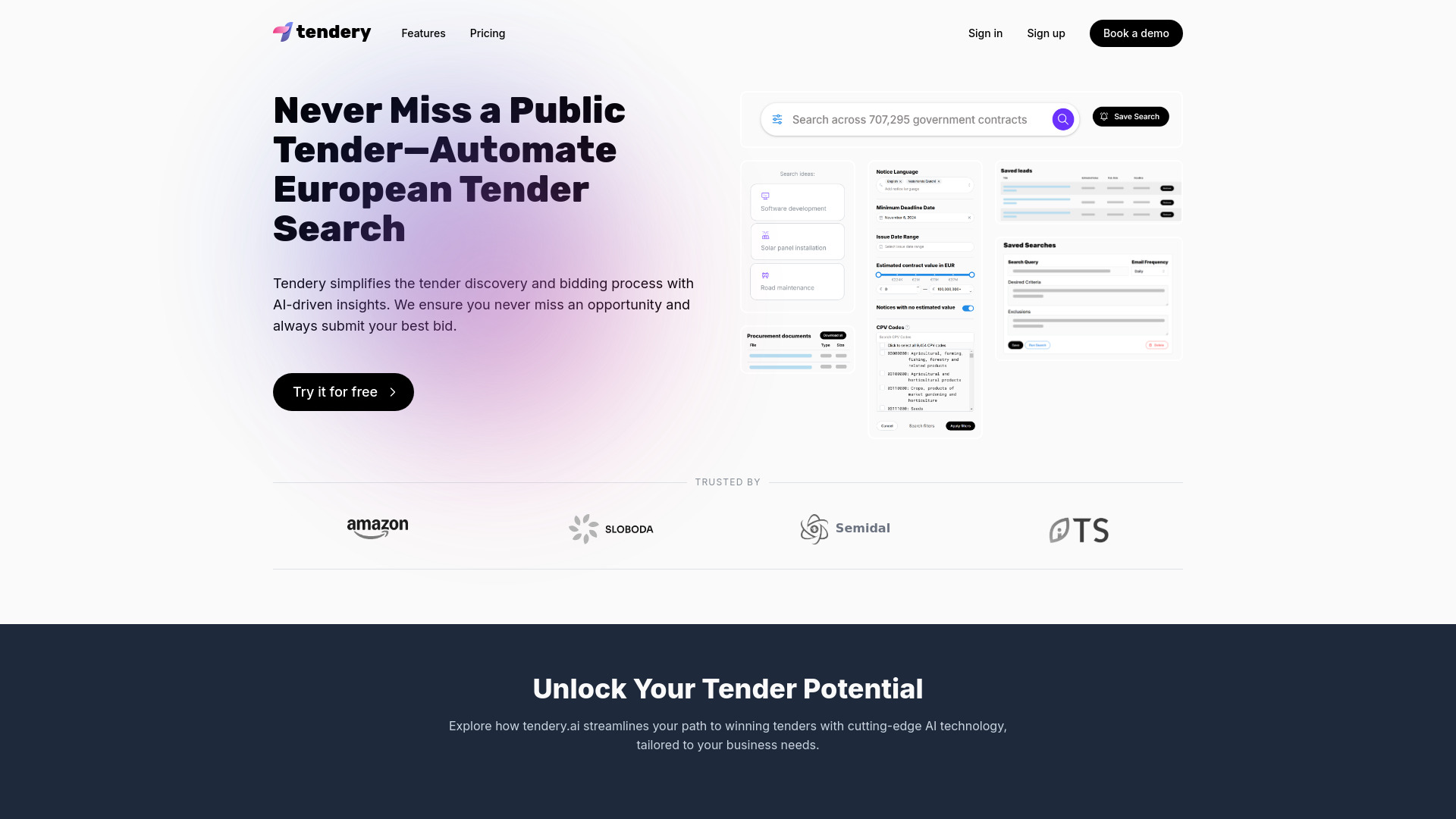 Tendery.ai网页截图,Tendery.ai网页快照