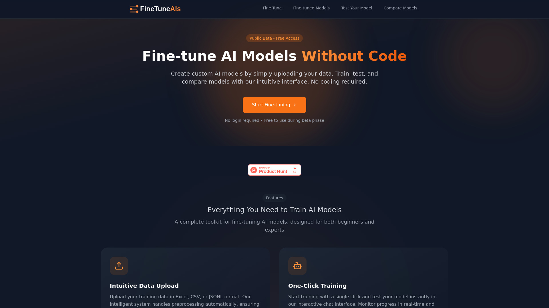 FineTune AIs – Without code网页截图,FineTune AIs – Without code网页快照