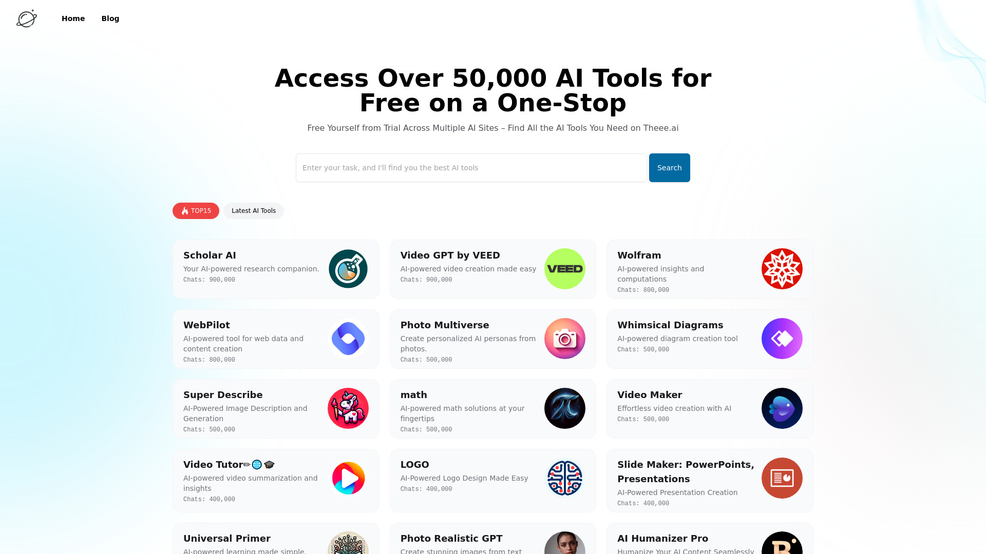 Theee.ai: Access Over 50,000 GPTs Tools Powered by GPT4o for Free网页截图,Theee.ai: Access Over 50,000 GPTs Tools Powered by GPT4o for Free网页快照